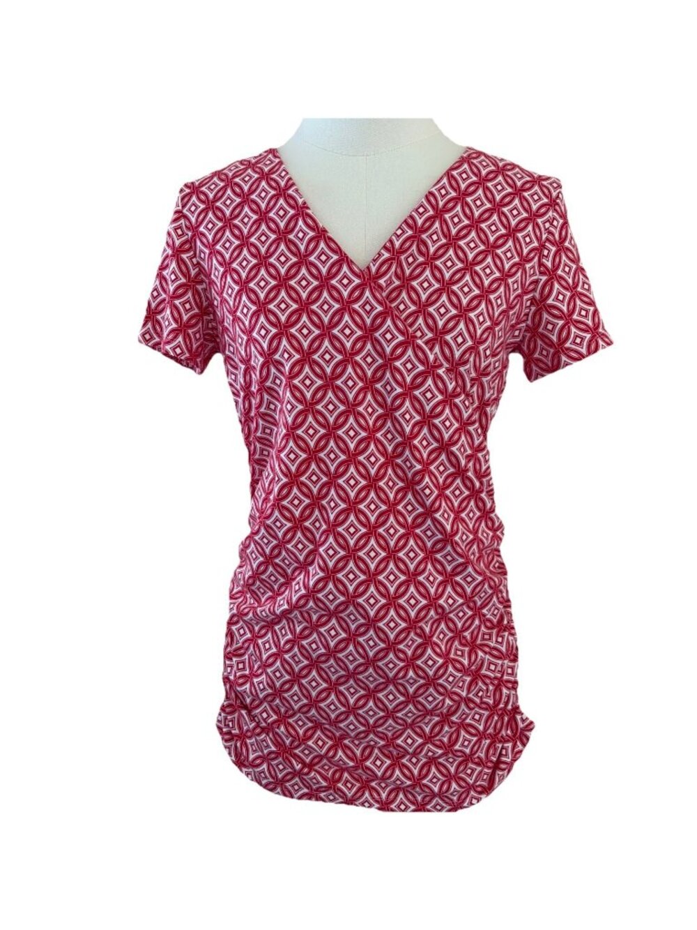 Talbots Women's Faux Wrap Top Size S Red Geometric Side Ruching Colorful Stretch